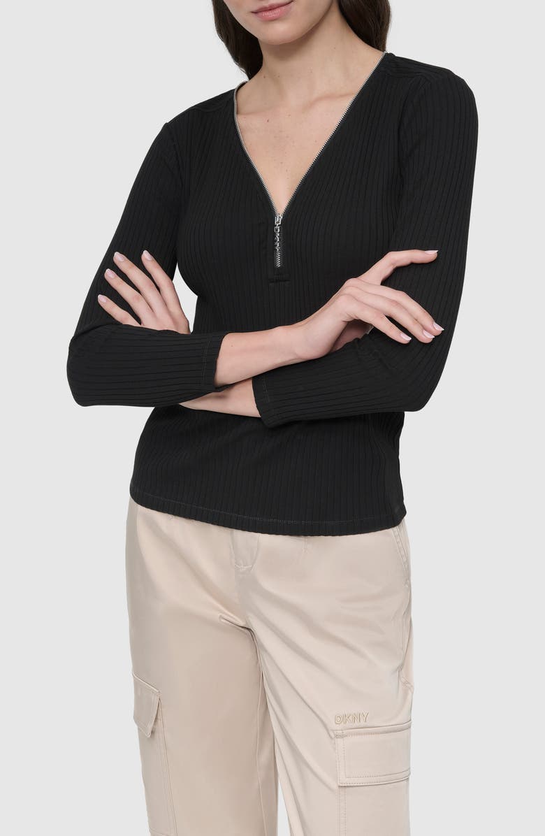 DKNY V-Neck Rib Long Sleeve Top, Main, color, 
