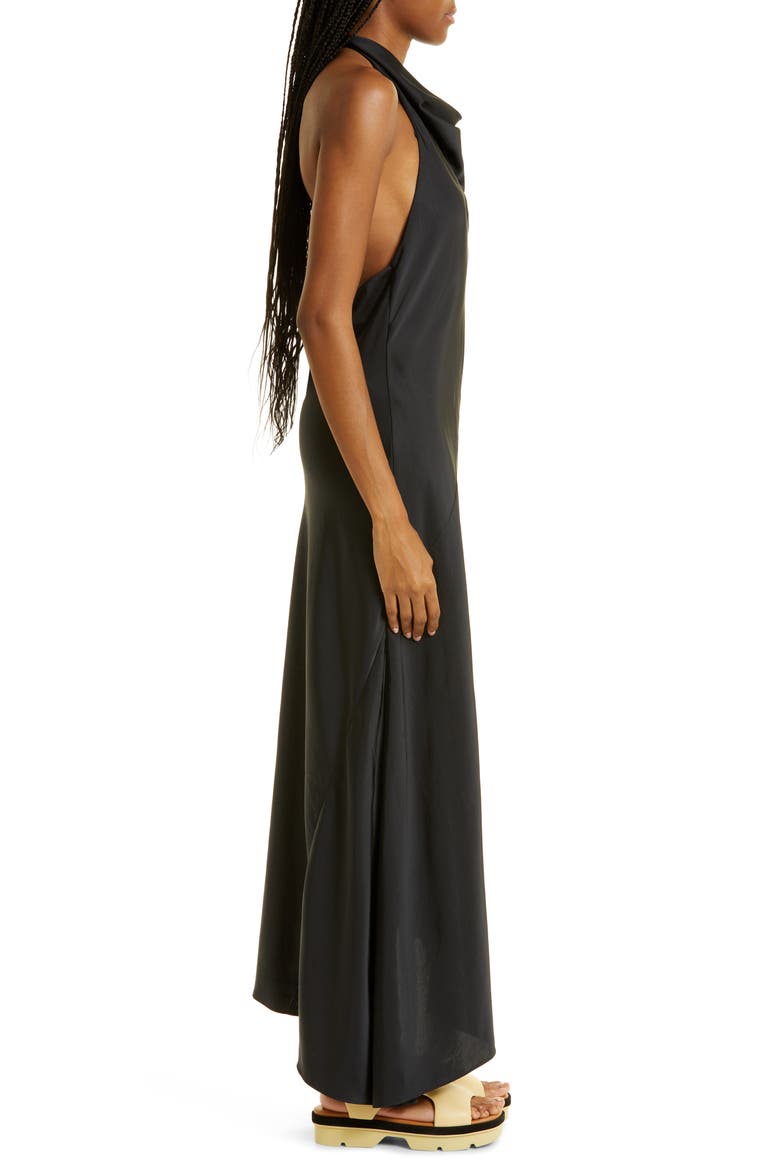 Clair Cowl Neck Asymmetric Satin Maxi Dress, Alternate, color, BLACK