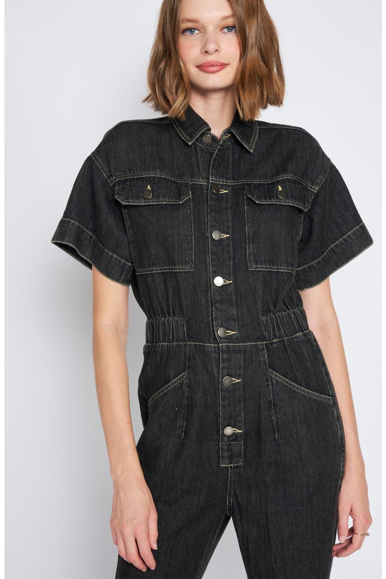 Short Sleeve Cotton Denim Jumpsuit, Alternate, color, BLACK