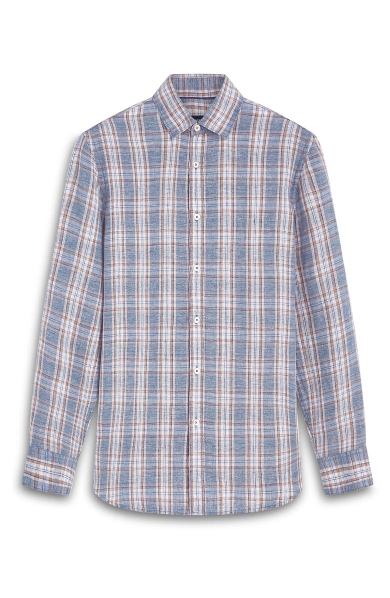 Bugatchi Shaped Fit Plaid Linen Button-Up Shirt, Alternate, color, 