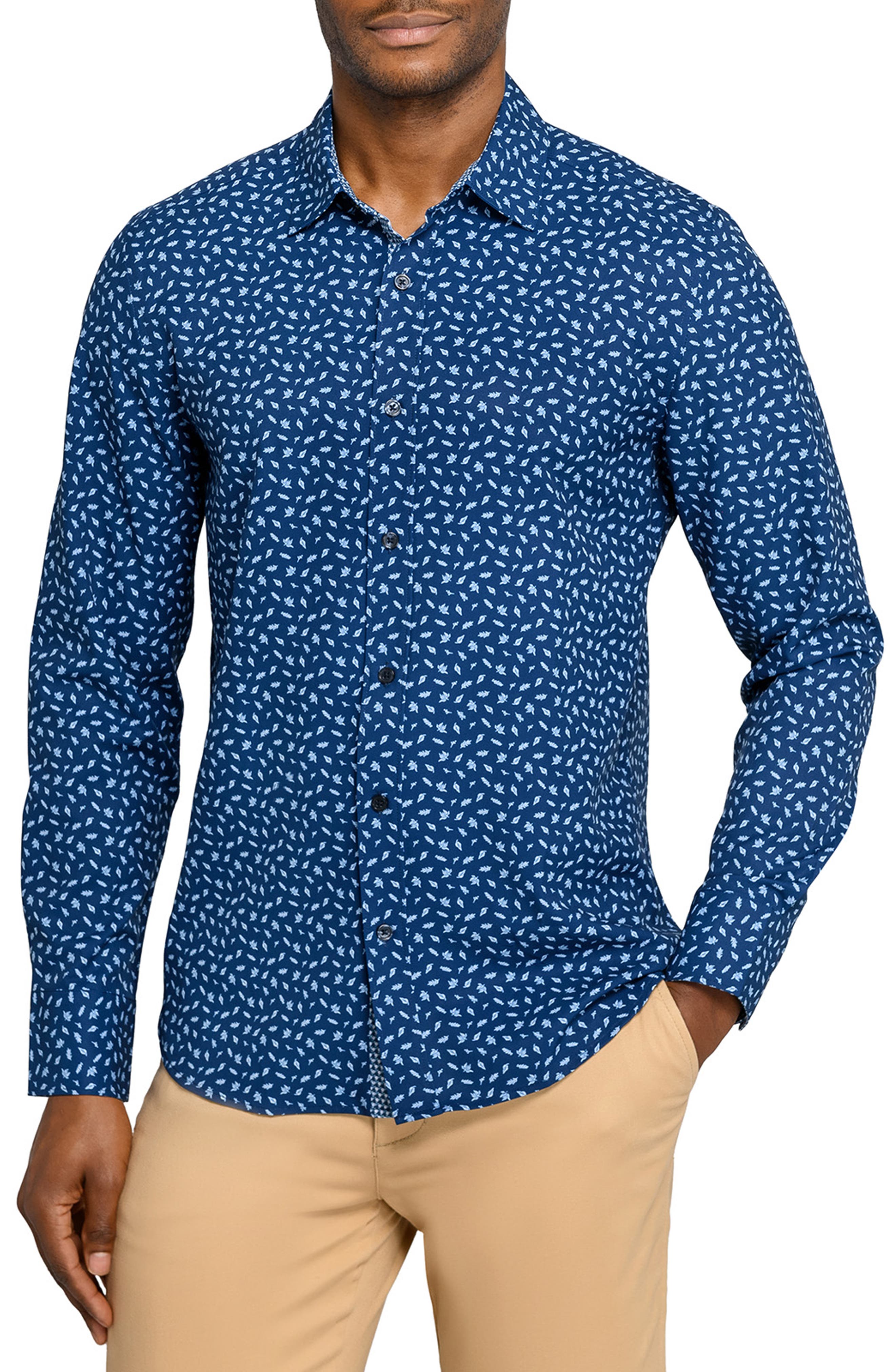 Construct Falling Leaves Woven Long Sleeve Basic In Blue