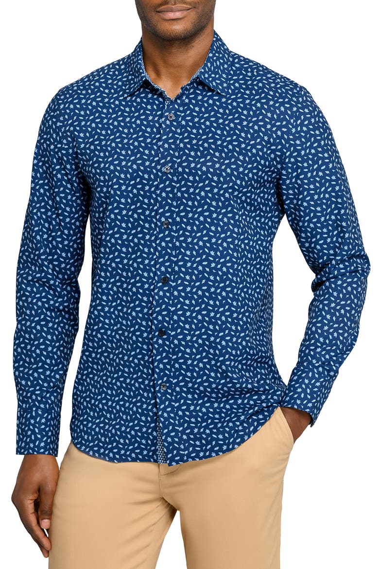 Falling Leaves Woven Long Sleeve Basic, Main, color, NAVY/WHITE