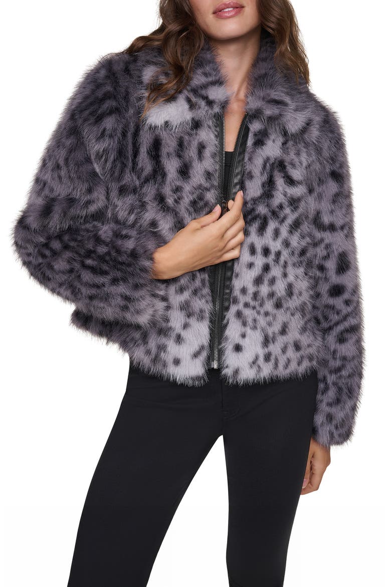 Faux Animal Fur Trucker Jacket, Main, color, GRY/ BLK