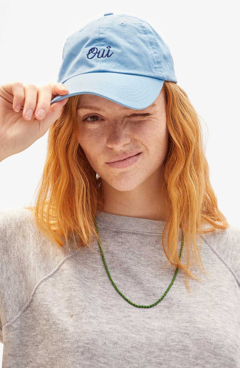 Clare V. Oui Embroidered Cotton Twill Baseball Cap, Alternate, color, Sky Blue W/ Navy