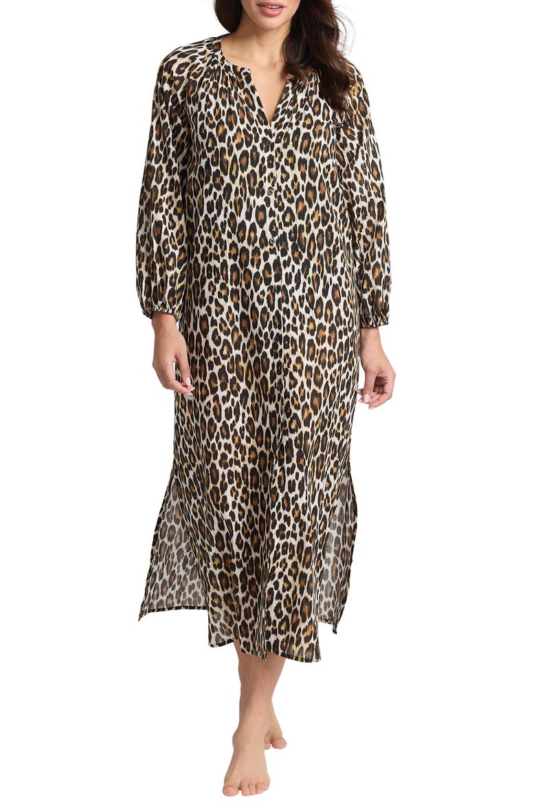 Leopard Long Sleeve Cotton Cover-Up Midi Dress, Main, color, BLACK/BROWN