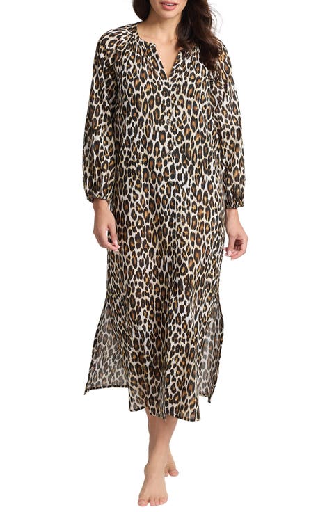Leopard Long Sleeve Cotton Cover-Up Midi Dress