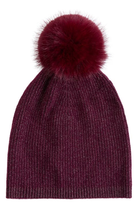 Lurex® Rib Cashmere Beanie with Faux Fur Pom