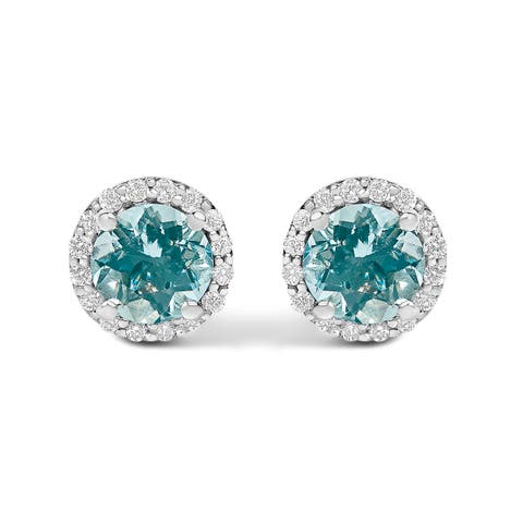 10K Gold Gemstone and 1/6 Cttw Diamond Halo Stud Earring