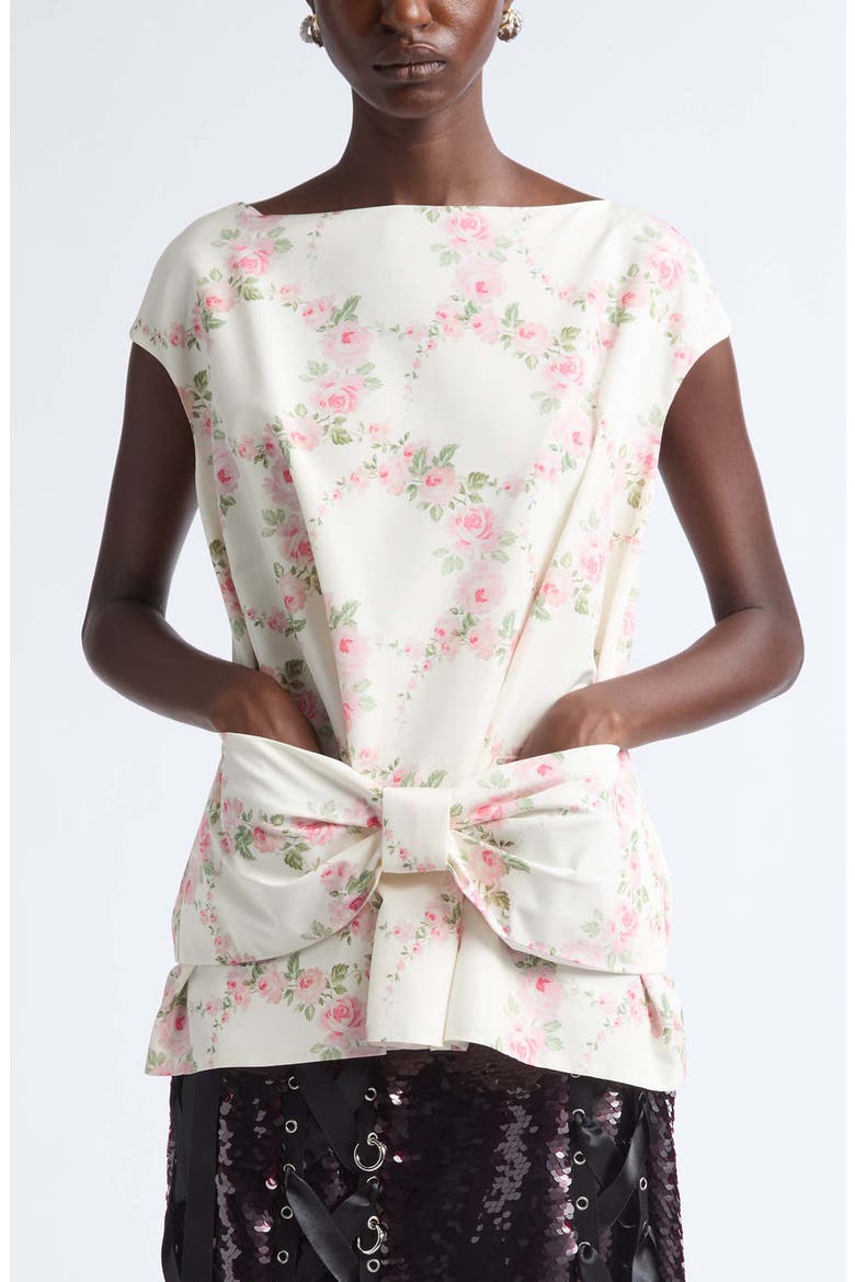 Floral Print Boxy Peplum Bow Detail Top, Main, color, CREAM
