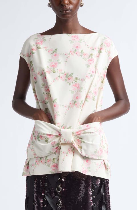 Floral Print Boxy Peplum Bow Detail Top