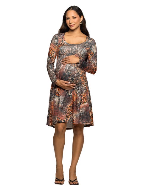 Long Sleeve Fit and Flare Dress in Animal Print