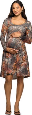 24seven Comfort Apparel Long Sleeve Fit and Flare Dress in Animal Print