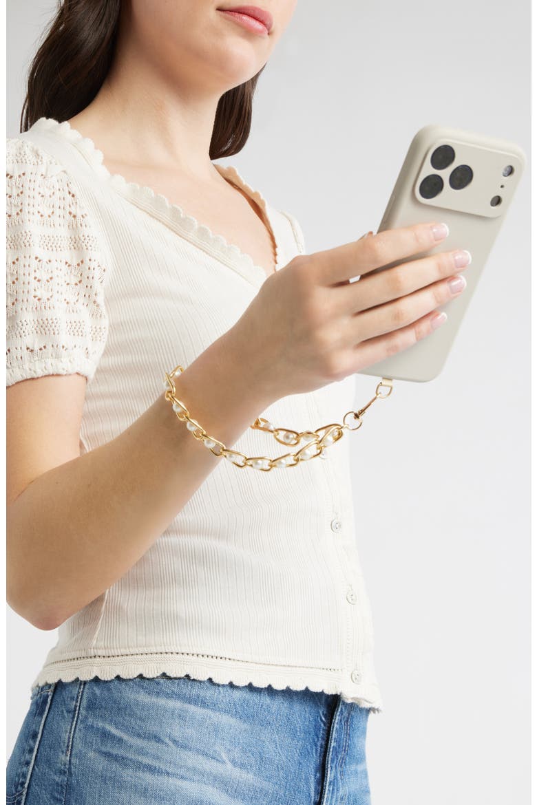 Faux Pearl Chain Link Phone Wrist Strap, Alternate, color, WHITE- GOLD