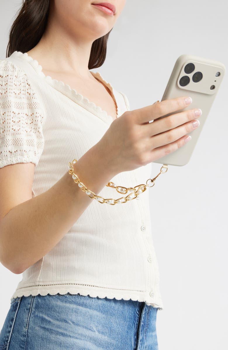 Chelsea28 Faux Pearl Chain Link Phone Wrist Strap, Alternate, color, White- Gold