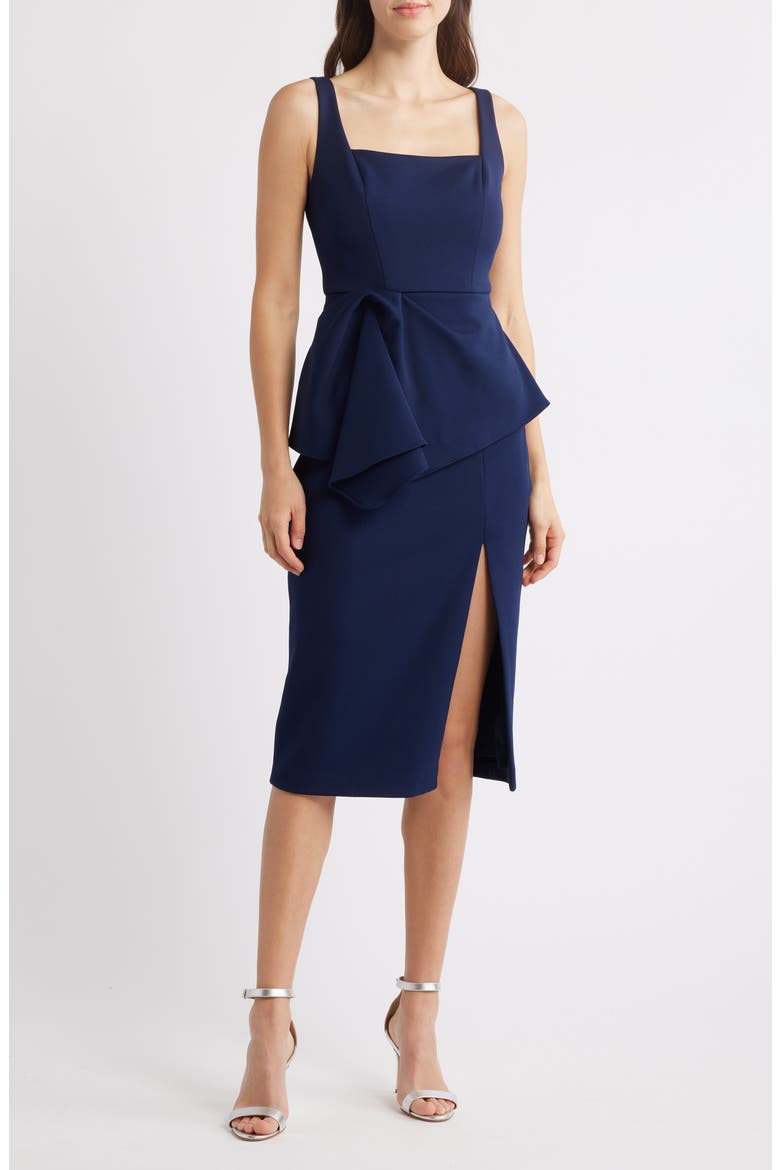 Crepe Peplum Detail Cocktail Midi Dress, Main, color, DARK NAVY