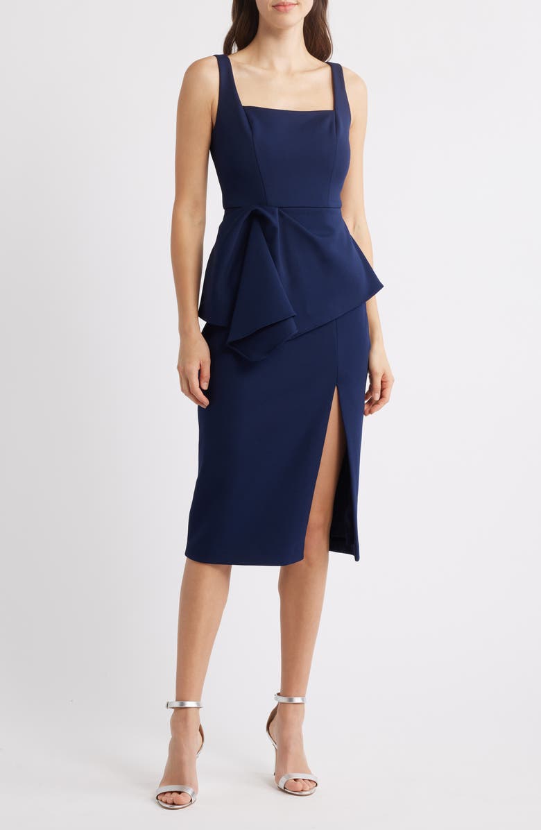 Aidan Mattox by Adrianna Papell Crepe Peplum Detail Cocktail Midi Dress, Main, color, Dark Navy