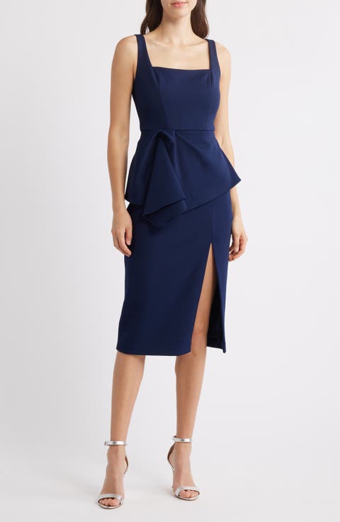 Crepe Peplum Detail Cocktail Midi Dress
