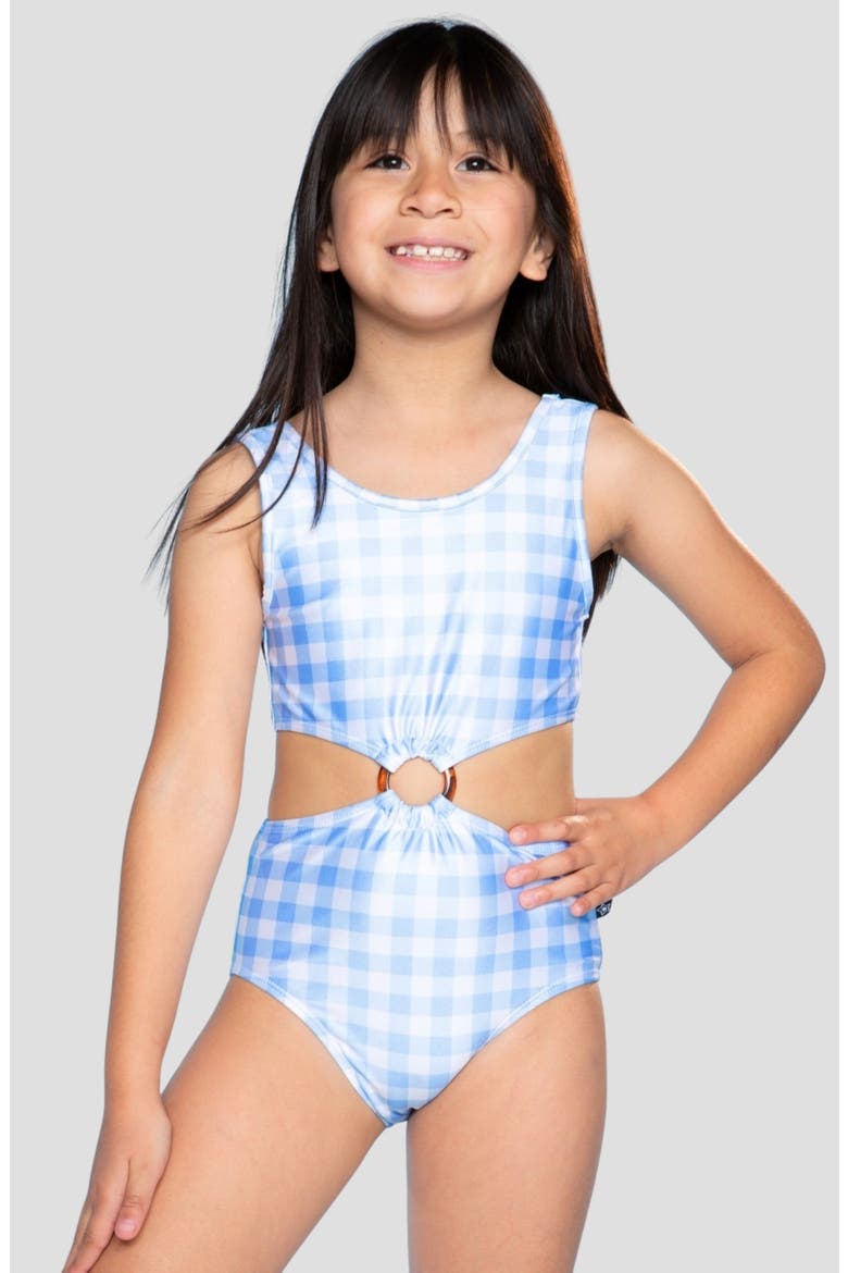 Kids' Ring Cutout One-Piece Swimsuit, Alternate, color, BLUE GINGHAM