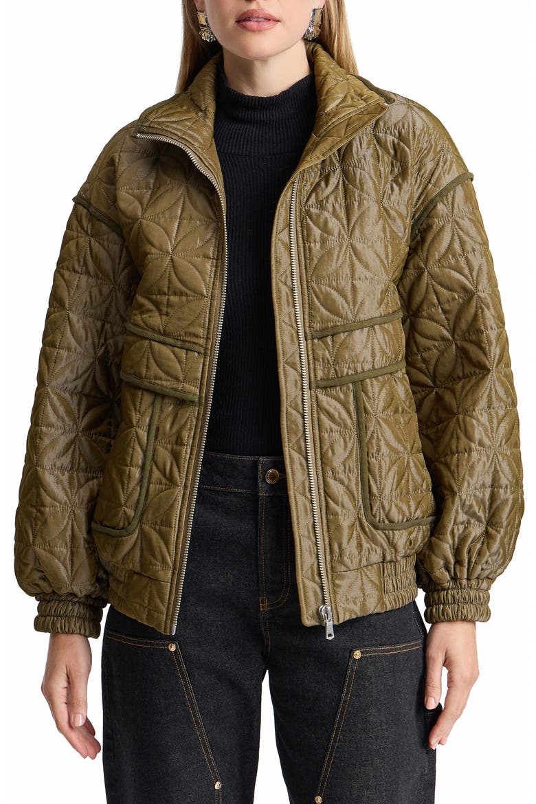 Funnel Neck Quilted Bomber Jacket, Alternate, color, SEAGRASS
