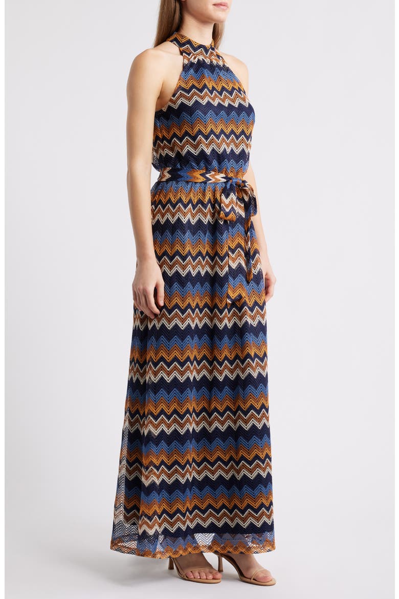 Mock Neck Tie Belt Maxi Dress, Alternate, color, BLUE MULTI