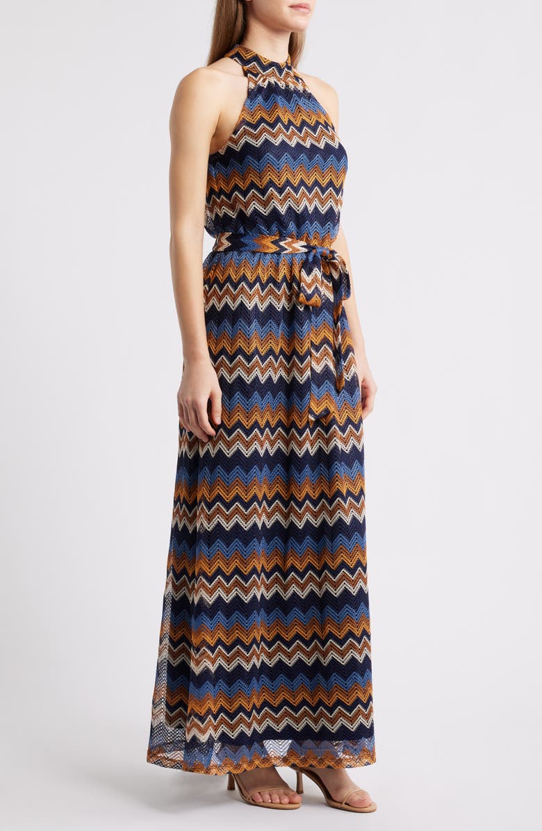 Julia Jordan Mock Neck Tie Belt Maxi Dress, Alternate, color, Blue Multi