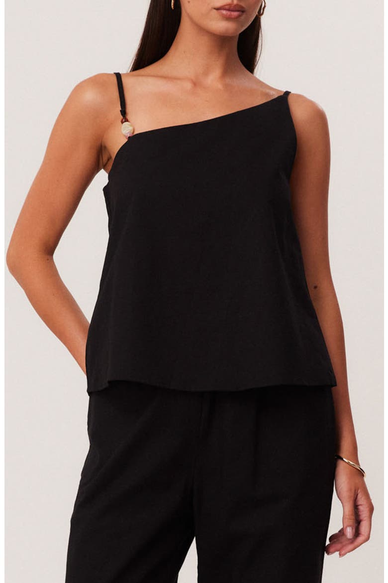 Ismene Asymmetrical One Shoulder Linen & Cotton Blend Top, Main, color, BLACK