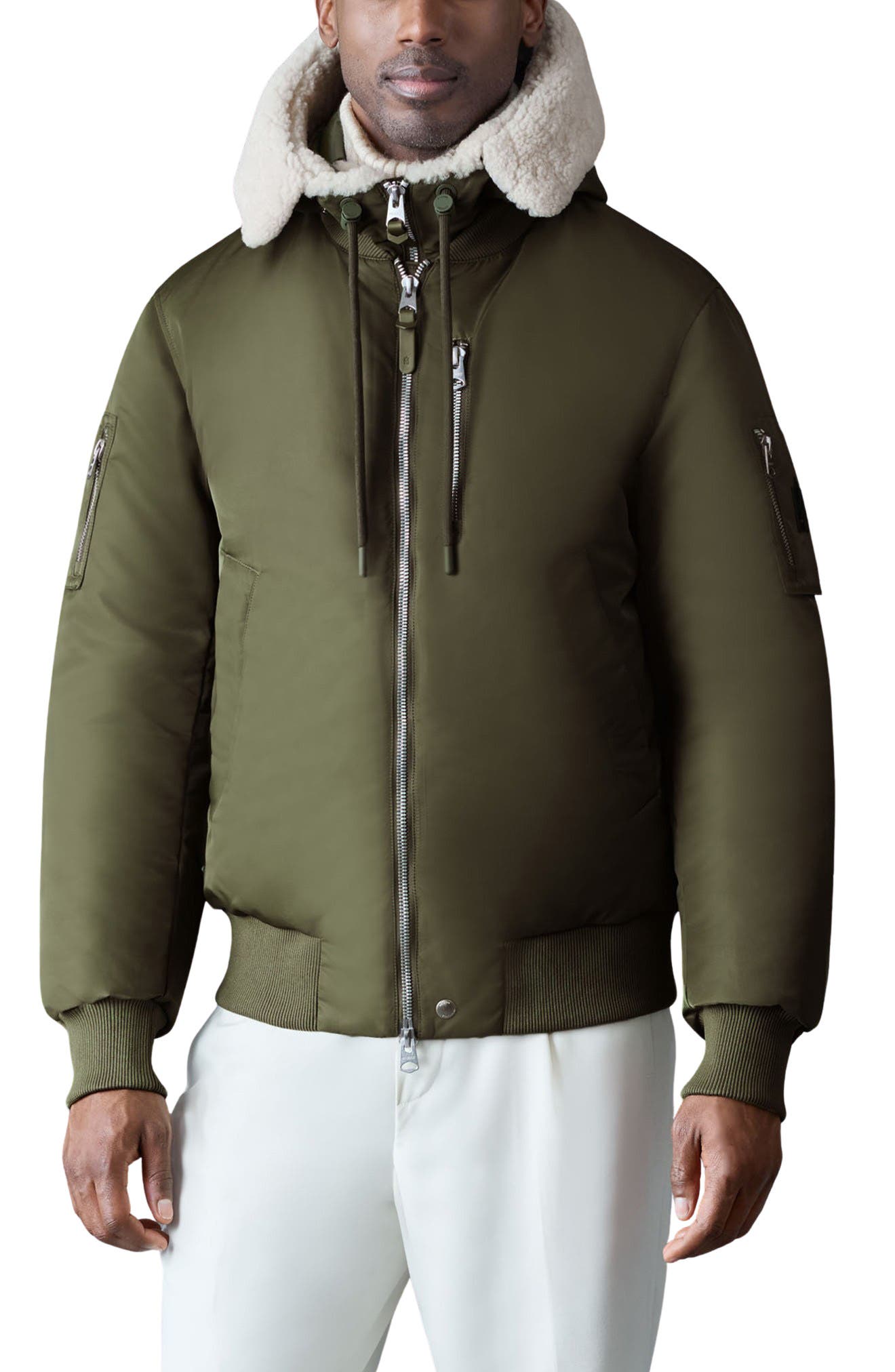 August Genuine Shearling Trim Down Bomber Jacket