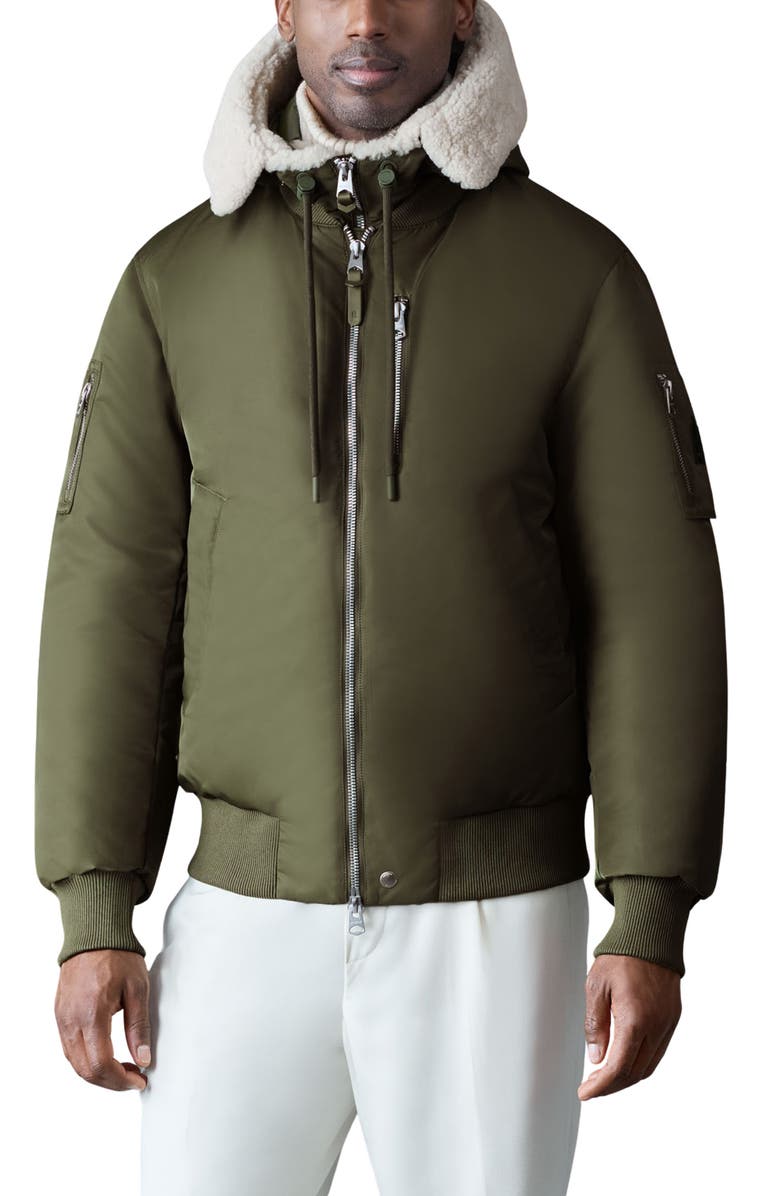 Mackage August Shearling Trim Down Bomber Jacket, Main, color, Light Military