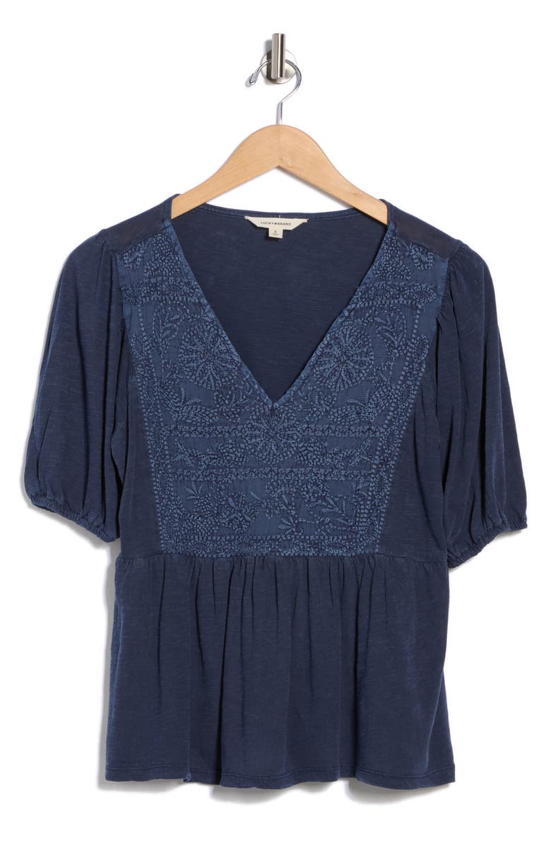 Lucky Brand Embroidered Peplum Top, Alternate, color, American Navy