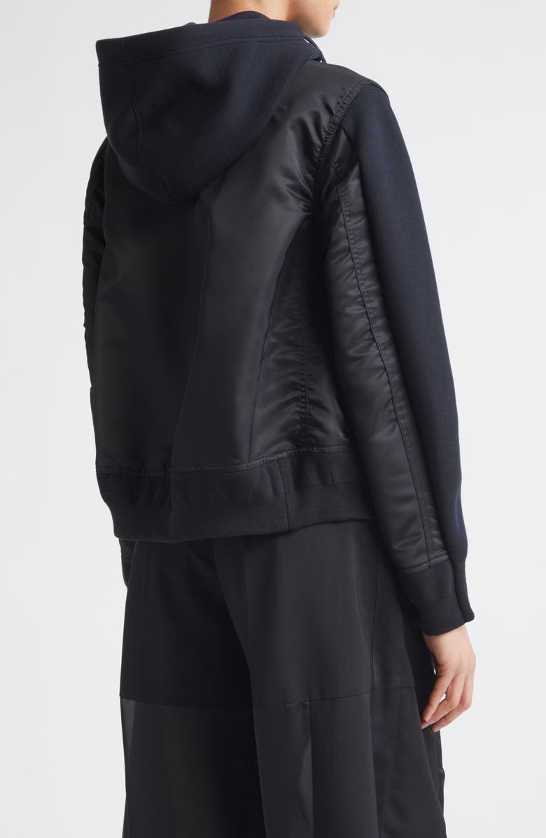 Sacai Sponge Sweat x Nylon Twill Full Zip Hoodie, Alternate, color, Black