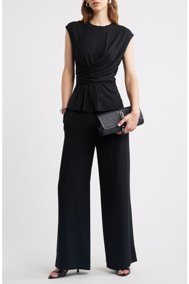 Draped Cap Sleeve Peplum Top, Alternate, color, BLACK