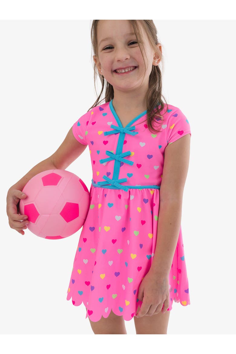 UPF50+ Active Short Sleeve Bow Dress & Bike Short Set, Alternate, color, Neon Pink Colorful Hearts