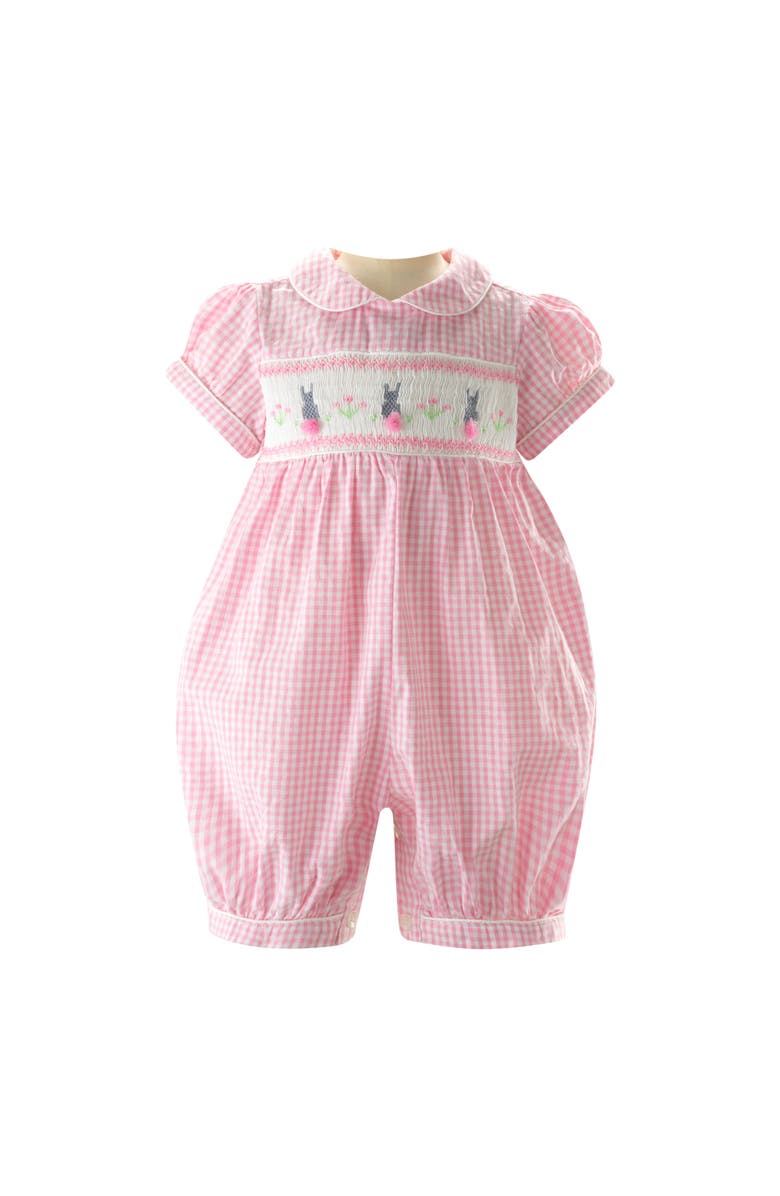 Rachel Riley Gingham Bunny Smocked Babysuit, Main, color, Pink