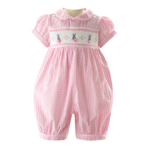 Rachel Riley Gingham Bunny Smocked Babysuit In Pink