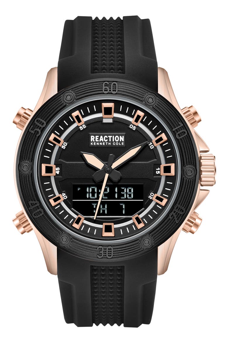 Analog-Digital Silicone Strap Watch, 43mm, Main, color, BLACK