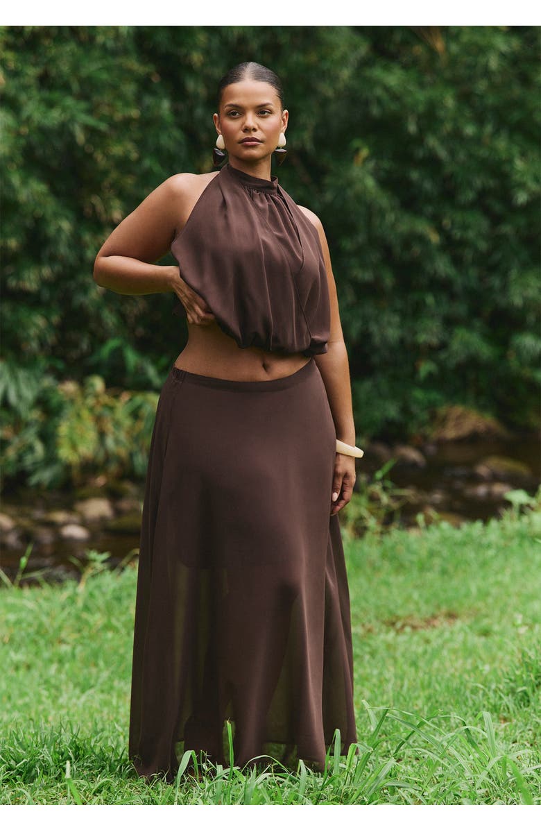 ELOQUII Semi-Sheer Chiffon Circle Skirt, Main, color, Chicory Coffee