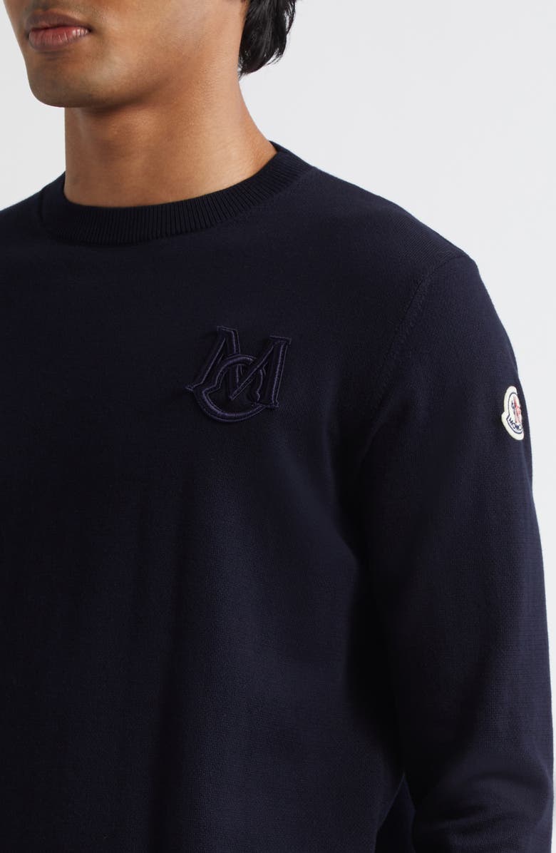 Moncler Monogram Cotton Crewneck Sweater, Alternate, color, Navy