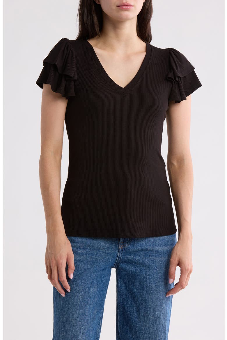 Flutter Sleeve Rib Top, Main, color, RICH BLACK