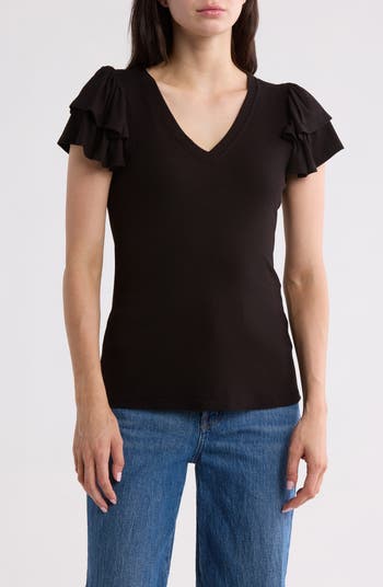 売れ筋商品|||ワンステイト カットソー トップス レディース Women's Tie-Front Flutter-Sleeve V-Neck Top Rich Black Women's Long Sleeve V Neck Front Tie Up Solid Color Trendy