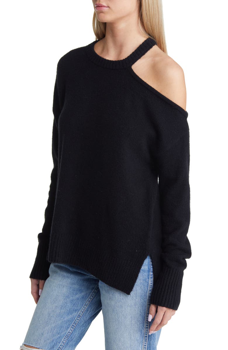 Open Edit Oversize Single Cold Shoulder Cotton Blend Sweater, Alternate, color, Black