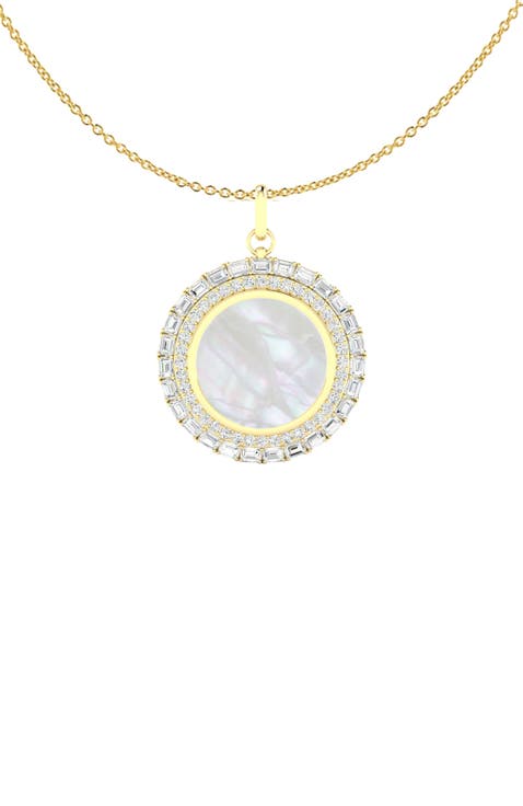 Mother-of-Pearl & Lab Diamond Emerald and Round Pendant Necklace in 14K