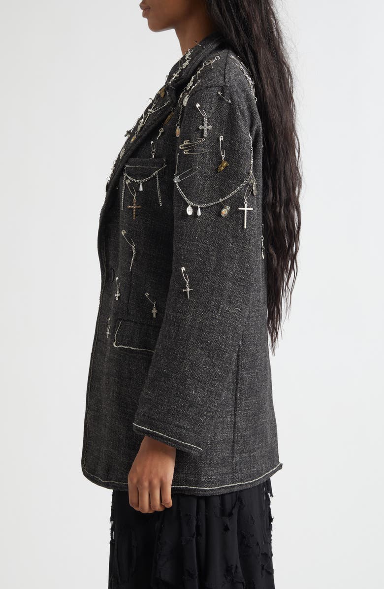 R13 Embellished Frayed Edge Ragged Virgin Wool & Linen Blazer, Alternate, color, Dark Grey