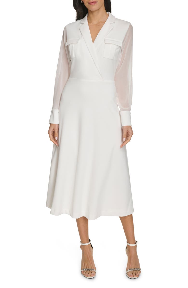 Calvin Klein Long Sleeve Mixed Media A-Line Midi Dress, Main, color, 