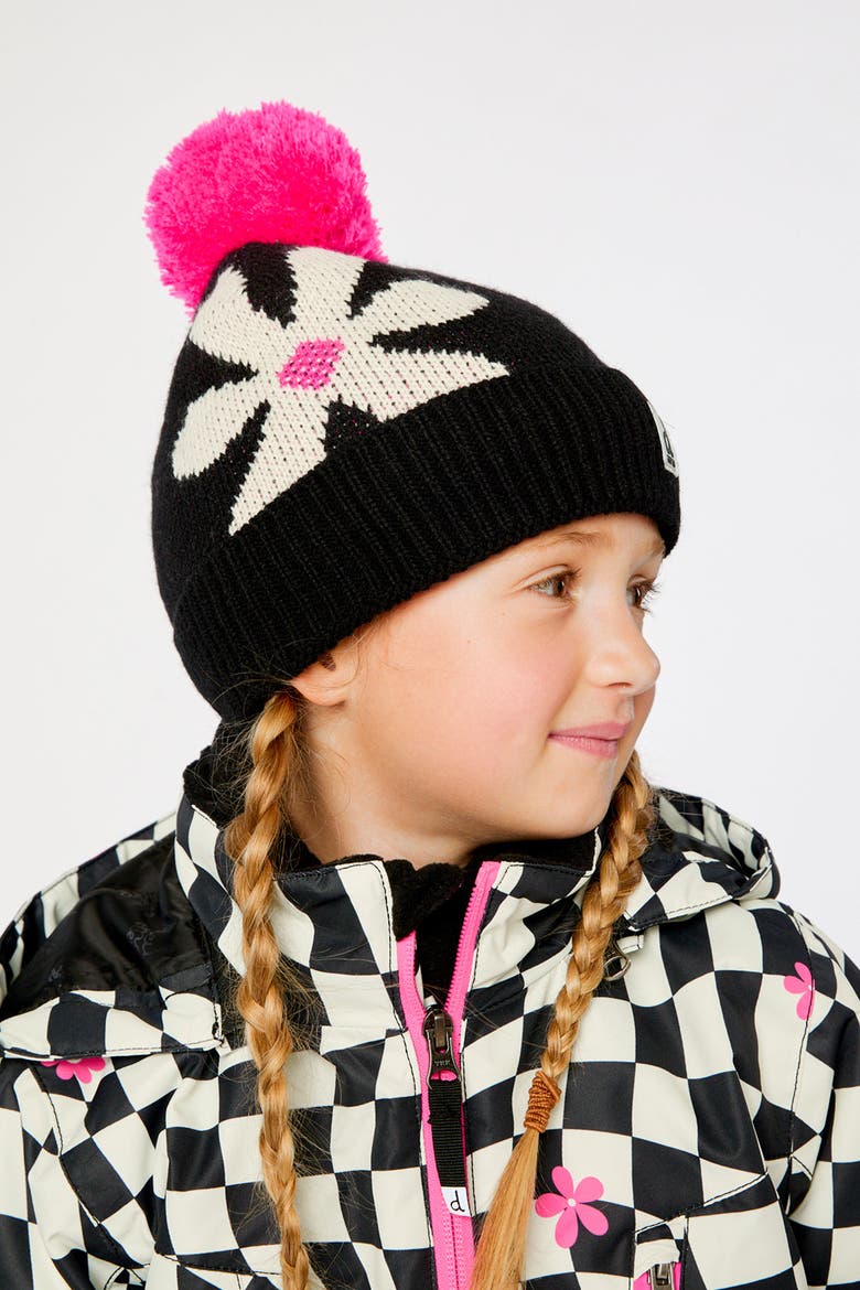 Winter Oversized Flower Fleece-Lined Pompom Knit Hat, Alternate, color, Black, White and Pink