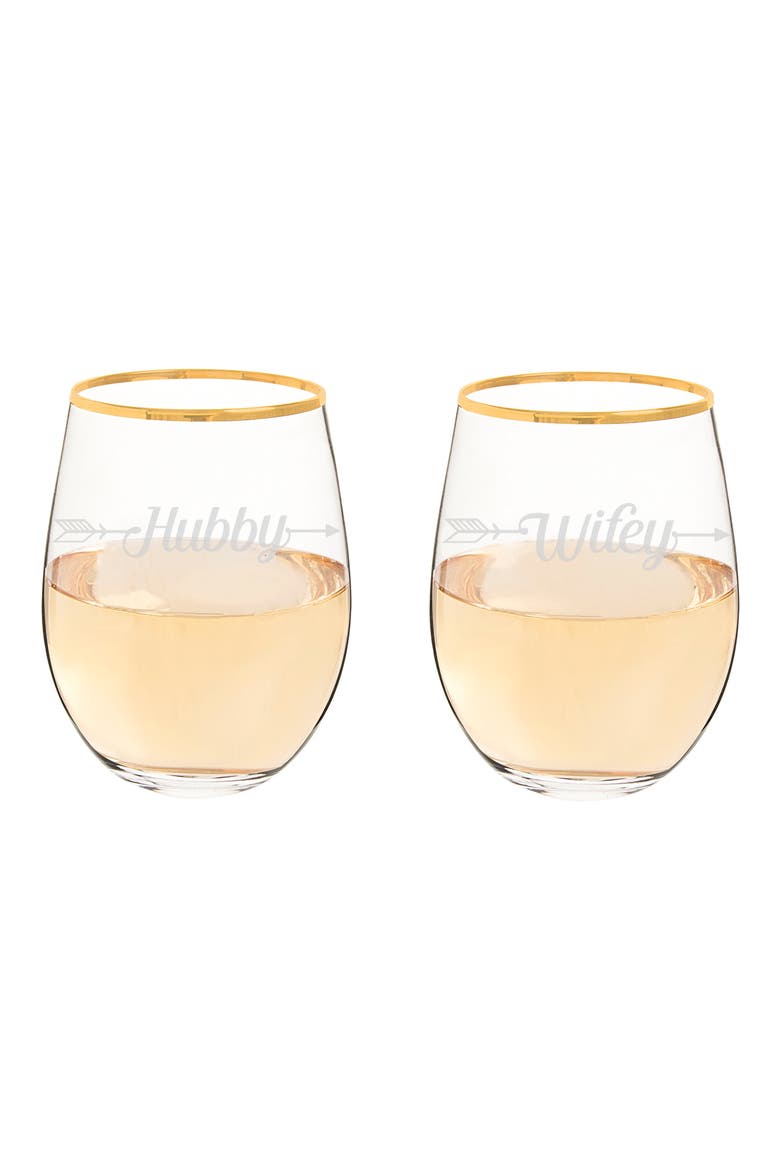 Hubby/Wifey Set of 2 Gold Rimmed Stemless Wine Glasses, Alternate, color, GOLD