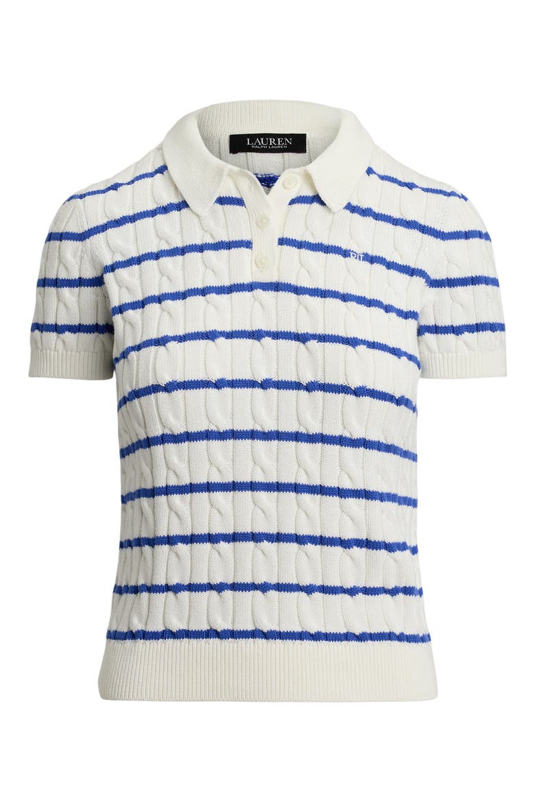 Striped Cable Knit Cotton Polo Sweater, Alternate, color, WHITE/ BLUE LAPIS