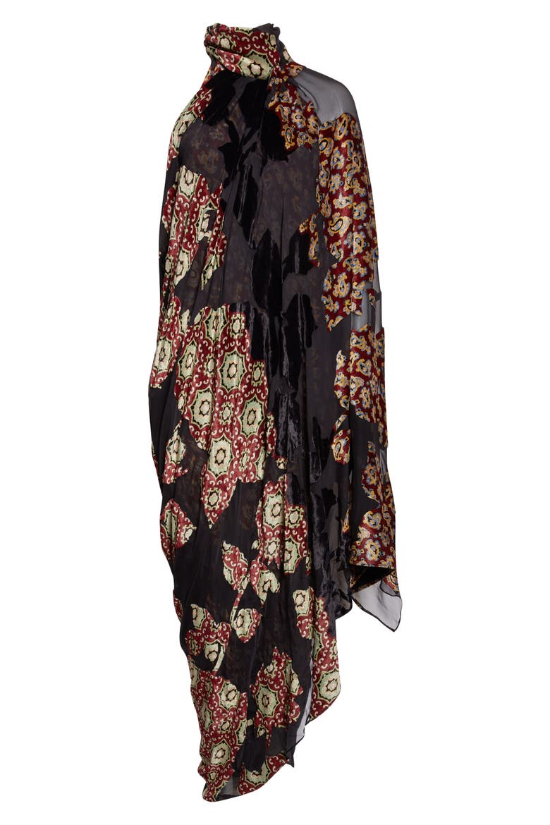 Dingo Draped Asymmetric Velvet & Silk Devoré Midi Dress, Alternate, color, BLACK