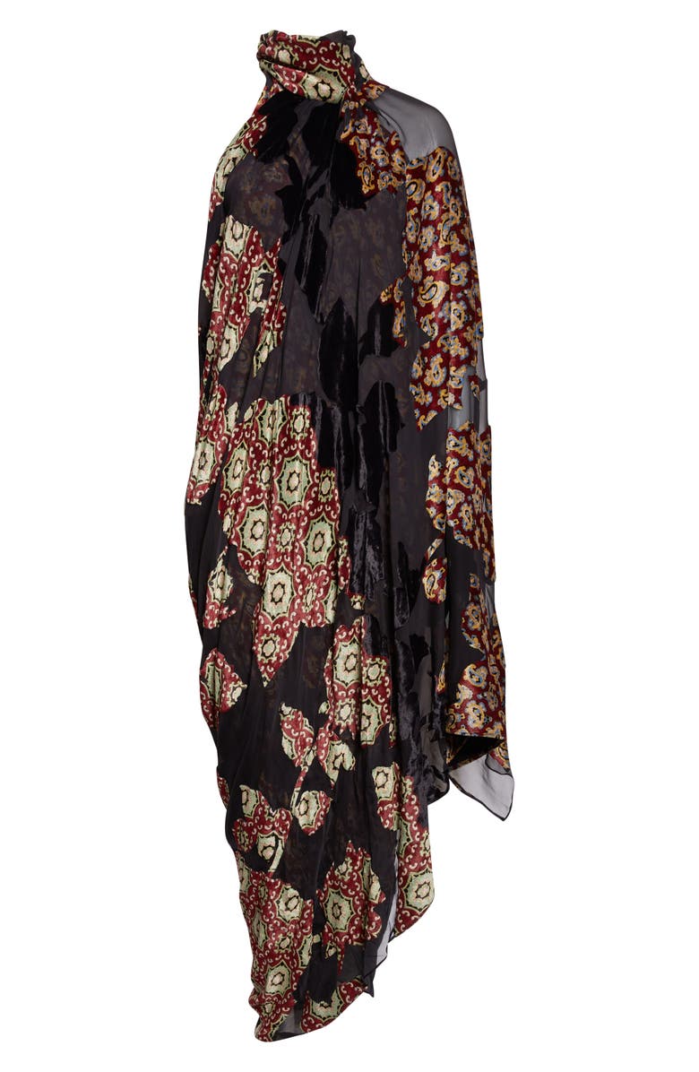 Dries Van Noten Dingo Draped Asymmetric Velvet & Silk Devoré Midi Dress, Alternate, color, Black