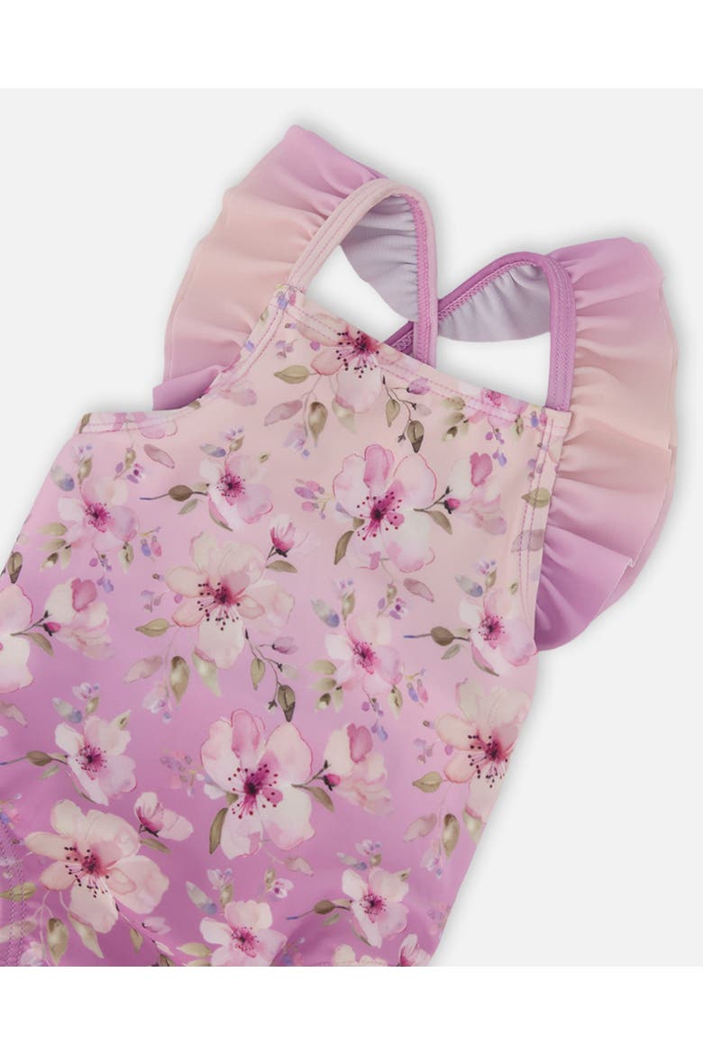 One-Piece Ruffle Flower Swimsuit, Alternate, color, Purple Flower Print