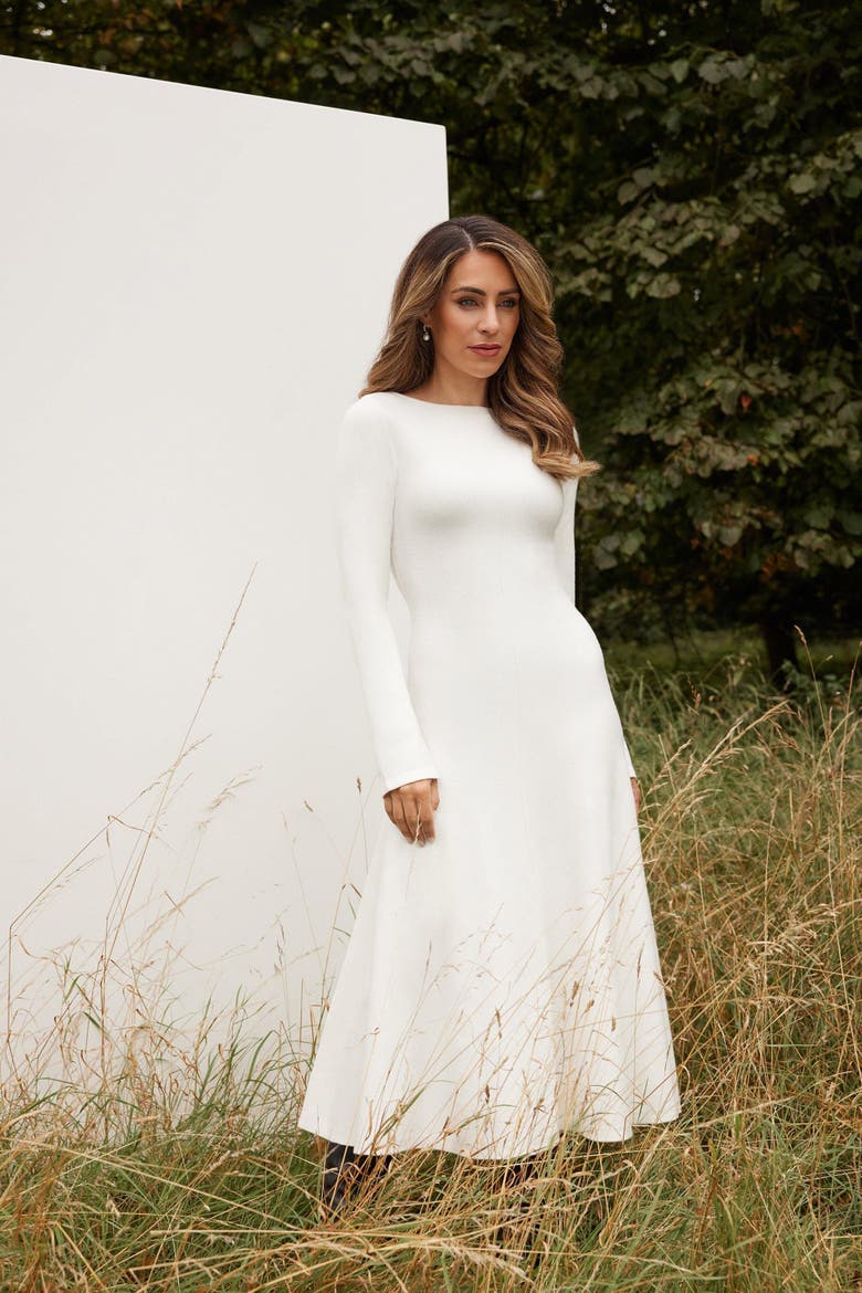 Knit Wool Look Full Skirt Midi Dress, Alternate, color, Ivory